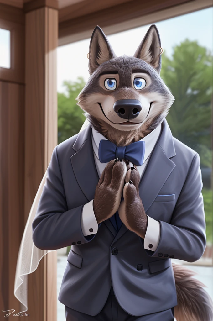 Larry (Zootopia), wolf, Gray Fur, (brown body:1.3), beautiful blue eyes, Zootopia, dressed,blazer,pink shirt,trousers,the bow tie,canine,wolf, detailed fur, male, second, paw pads, finger claws,одевает the bow tie, Games,At the viewer, 5 fingers, paws, 4 toes, in the wedding palace, groom,finger ring, holds, flowers for wife,
BREAK from nextel, for dating, by xenoforge, (difficult, high detail,digital photography, soft focus, RAW, close to the camera, smile, positive, Good, mood, Houses, looks at the viewer, очень close to the camera, in the shop,his wedding, marriage palace combination,
Photorealism, realistic, photorealistic,digital style, Subsurface scattering,очень close to the camera
шедевр, Best quality, ultra realistic, 8 thousand.)