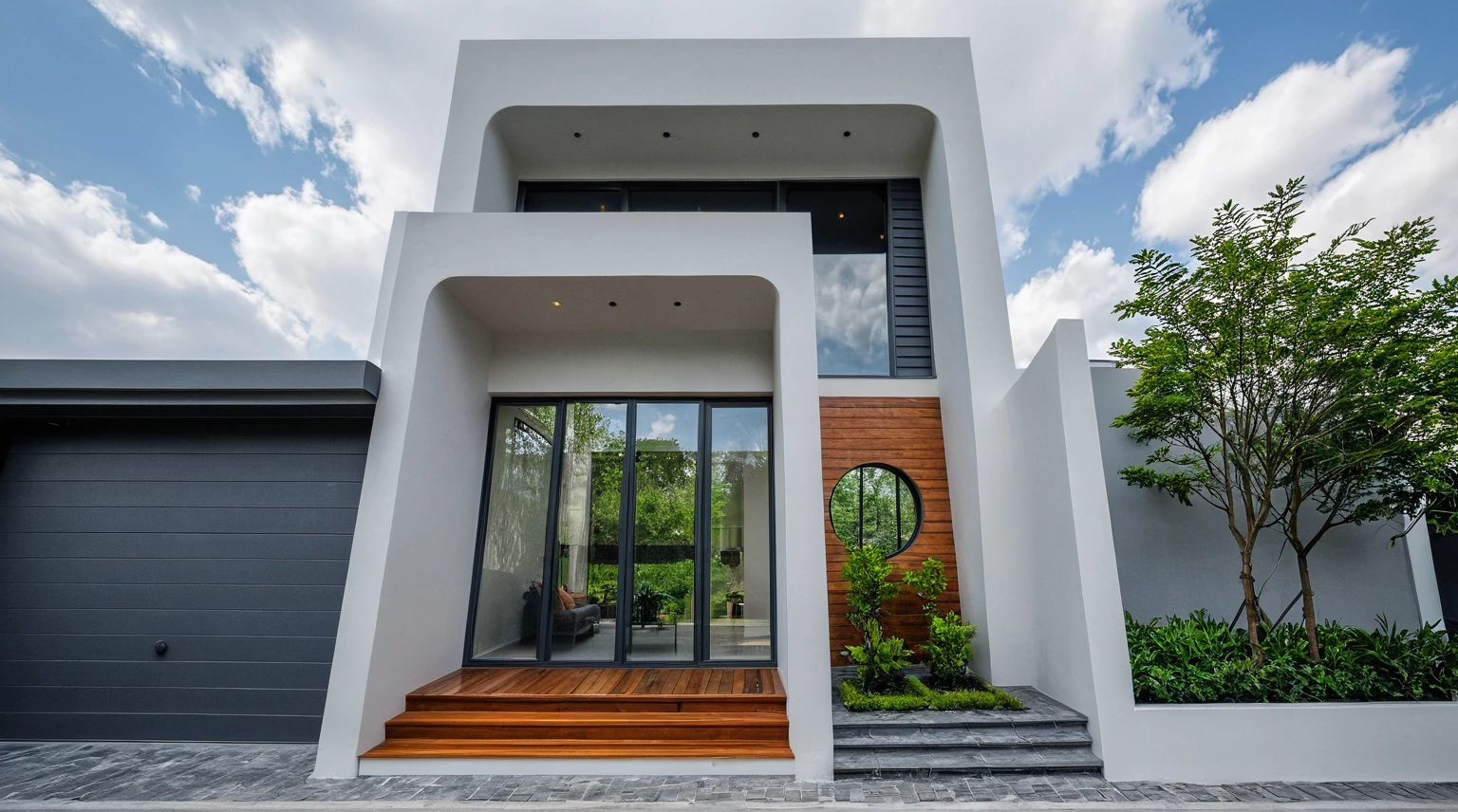 Raw photo, masterpiece, high quality, best quality, realistic, super detailed, outdoor, " 2-storey house " , modern Mezzanine house style, (white wall), curved wall facade, aluminum interior door glass, curved planter, gray tiled accent wall, gray iron box exterior gate, road, sidewalk, grass, trees, sky, clouds, (daylight):1.1)