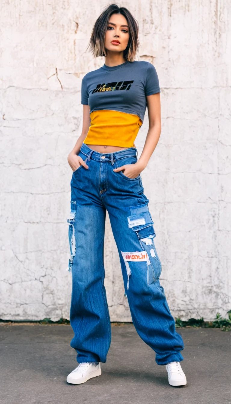 a woman in a crop top and jeans standing next to each other, an album cover inspired by Jean Hey, unsplash, visual art, jean pants, jeans pants, two - tone, baggy jeans, jeans, denim jeans, blue jeans. unreal 5, with two front pockets, denim, two tone, ripped jeans, cargo pants, cute huge pockets
