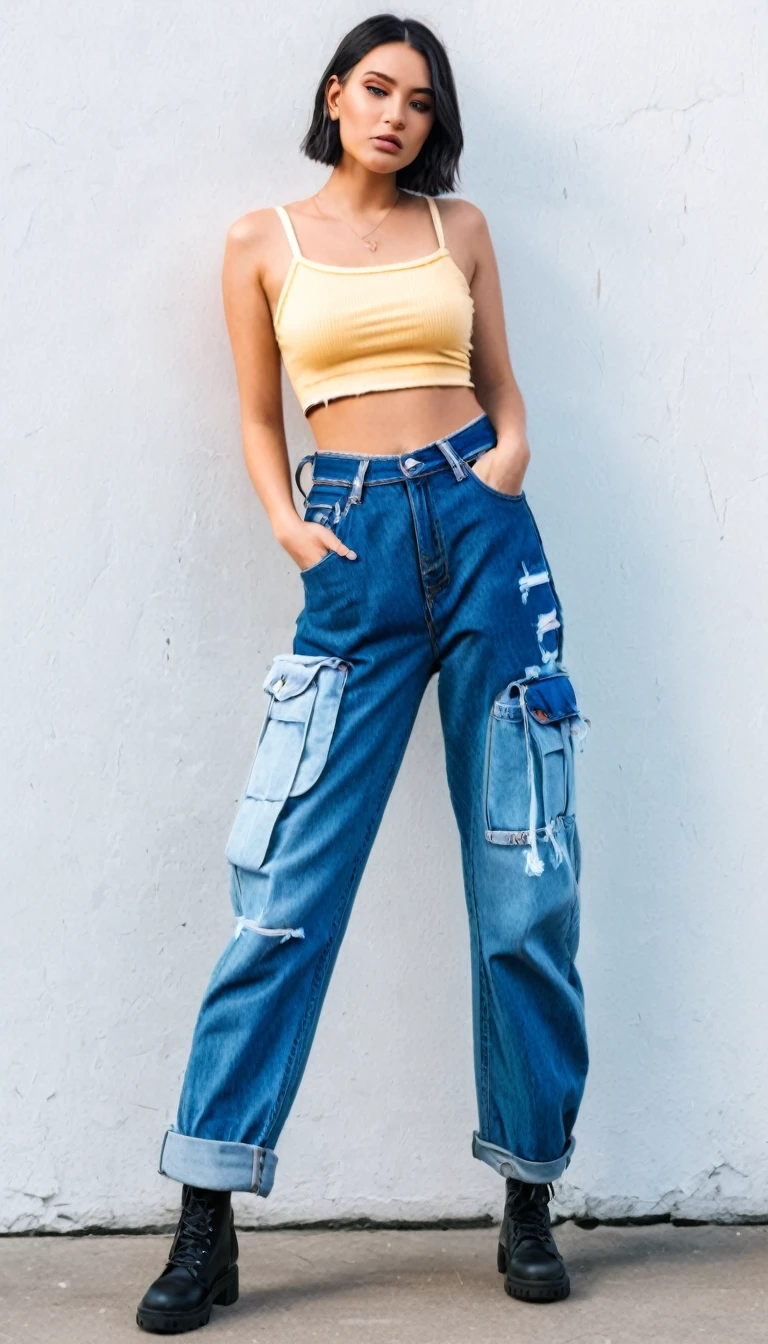 a woman in a crop top and jeans standing next to each other, an album cover inspired by Jean Hey, unsplash, visual art, jean pants, jeans pants, two - tone, baggy jeans, jeans, denim jeans, blue jeans. unreal 5, with two front pockets, denim, two tone, ripped jeans, cargo pants, cute huge pockets