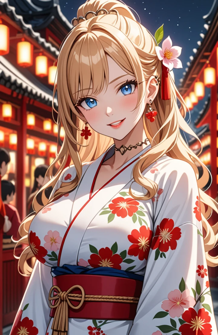 ((one girl)), Pretty face, Beautiful Face, (Laugh shyly), ((laugh:1.3)), ((Wink:1.6)), (Laugh with your mouth wide open),(Tilt your head:1.3), (Upper teeth), View your viewers, ((Bright red cheeks:1.6)),Glossy Red Lips, ((Big Breasts:1.4)) night, Shrine festival stalls, (Brighten your face), ((Anime style background)),masterpiece, Highest quality, so beautiful,Latest, Complex details, (Pink long nails), (nail art), (ring),(bracelet), (ring helix piercing:1.7), (Floral Choker),AI-generated, Complex,High resolution, Highest quality, super high quality,3D Images、3D Images,One person,Blonde long hair,(High Ponytail), (Wavy Hair), Anime woman posing for a photo, ((Fine grain、blue eyes、Shining Eyes:1.4)), (Squint your eyes:1.1),a hyperRealistic , hyperRealistic , Realistic,Long blonde anime woman, Smooth anime CG art, Pink large floral patternの刺繍が入った、Woman in luxurious kimono, ((White long-sleeved kimono)),(Pink large floral pattern) ,Long flower hair ornament,Floral Earrings,Mature Body, expensive,Abdominal muscles,Tight waist,((Zoom in on face:1.8)), (front view),