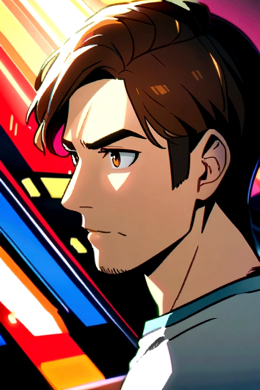 38 year old man with short messy brown hair, eyes browns, on a sports program