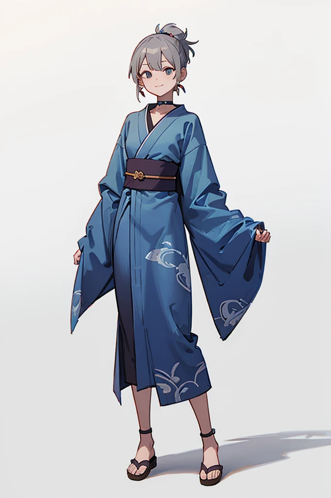 Blue Yukata、Gray Hair、Mischievous face、Choker on neck、Big earrings、Arms crossed、Only the mouth is smiling、Straw sandals、Choker on right leg,(whole body、Are standing、、White background)