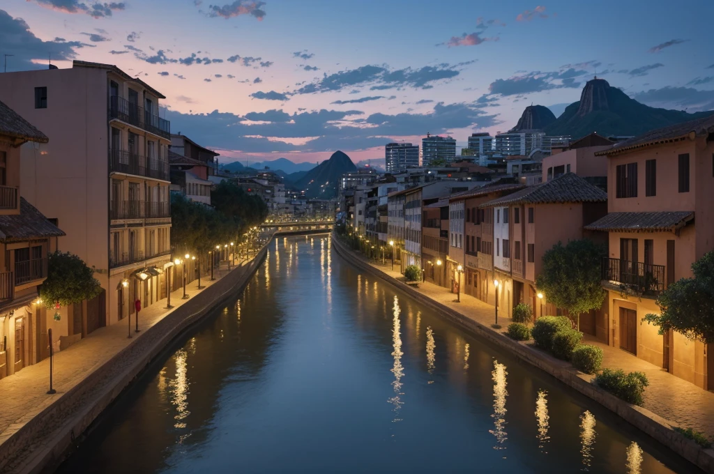 The city is crossed by a wide and winding river, the Rio Sombra, which divides the city into two parts: the historic side, with its colonial buildings and cobblestone streets, and the modern side, with skyscrapers, shopping centers and neighborhoods. contemporary residential. (up view, digital art, grafic novel, night time, RPG art)