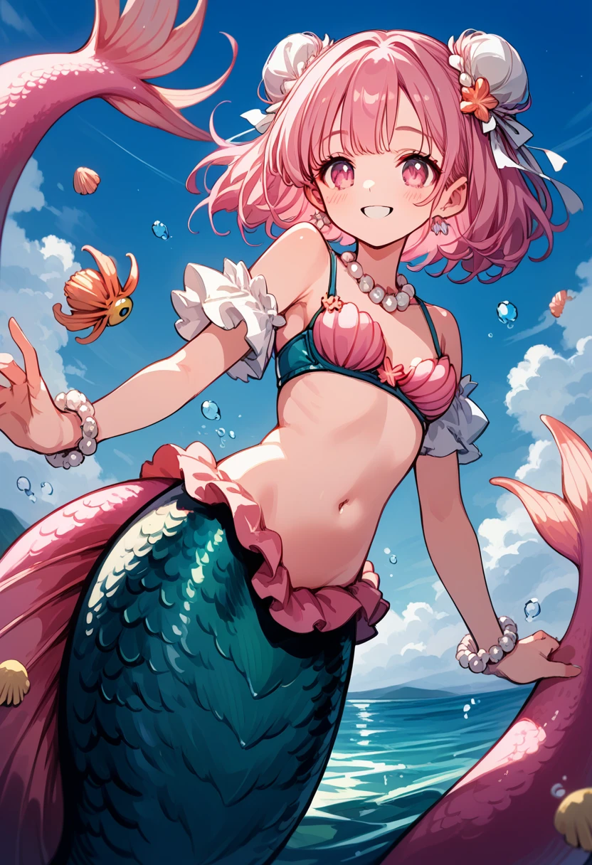 Very detailed, masterpiece, high quality, magically transformed into a mermaid、cute anthropomorphic mouse girl, Fantasy, Race change, smile, Anime Style, (((A long pink mermaid tail that falls below the waistline))), Pink pelvic fin and pink dorsal fin,(((whole bodyピンク色))),(((Seashell bra))), pearl earrings and bracelet, Pearl Necklace,masterpiece, 最high quality, High resolution, {Detailed and beautiful eyes}, finely, Detailed and beautiful eyes,1 Girl, (alone:1.5), (((Hair Ribbon:0.4)))), Pink Eyes,Cinematic Angles,perspective,(((White bun hair))),(((Long pink hair))),whole body,Kunimi Tama,