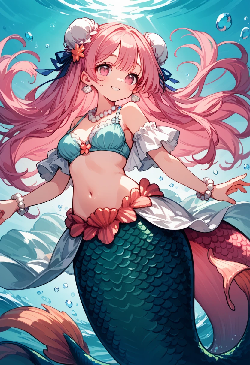 Very detailed, masterpiece, high quality, magically transformed into a mermaid、cute anthropomorphic mouse girl, Fantasy, Race change, smile, Anime Style, (((A long pink mermaid tail that falls below the waistline))), Pink pelvic fin and pink dorsal fin,(((whole bodyピンク色))),(((Seashell bra))), pearl earrings and bracelet, Pearl Necklace,masterpiece, 最high quality, High resolution, {Detailed and beautiful eyes}, finely, Detailed and beautiful eyes,1 Girl, (alone:1.5), (((Hair Ribbon:0.4)))), Pink Eyes,Cinematic Angles,perspective,(((White bun hair))),(((Long pink hair))),whole body,Kunimi Tama,