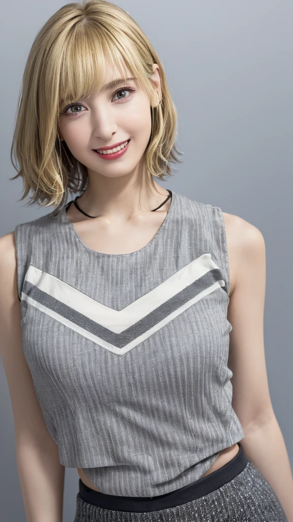 (Highest quality、8K、32k、masterpiece)、(Realistic)、(Realistic:1.2)、(High resolution)、Very detailed、Very beautiful face and eyes、1 Girl、Round and small face、Tight waist、Delicate body、(close、Highest quality、Attention to detail、Rich skin detail)、(Highest quality、8K、Oil paint:1.2)、(Realistic、Realistic:1.37)、Bright colors、(((blonde)))、(((Bust Shot)))、(((Medium Hair)))、(((Loose and fluffy perm)))、(((White wall background)))、(((Touch your lips with your left hand)))、(((Laughter)))、(((blonde)))、(((Striped tank top)))、(((grey and white tank top)))、(((Gray streaks々Clothes)))