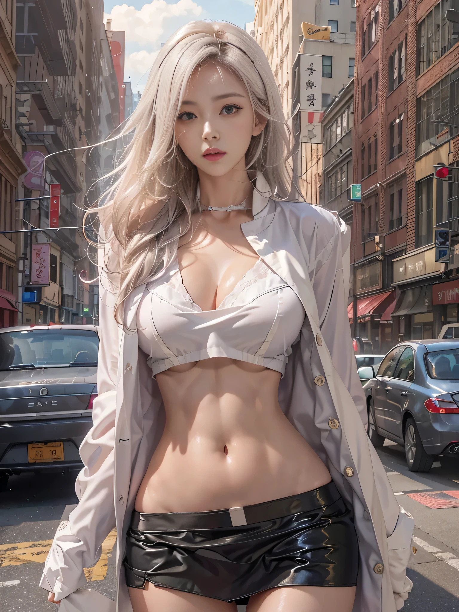 (Woman walking through the streets of New York)、(Walking briskly),Photorealistic, High resolution, 1 Women, solo, hips up high, Beautiful eyes, Close lips, Detailed face, White hair, Long hair, Collared shirt, black necktie,Black skirt, pencil skirts,In underwear, White long coat、、Black stockings fluttering in the wind(Kpop Idol)、Medium Hair、(Pink blush)、(illuminating)、dynamicposes、((erectile nipple))、(Puffy eyes:1.2)、 (slim legs),(Light shines on the face and chest)、(((((underboob)))))、Lower breast、Oily skin、skinny、 (The underside of the chest is slightly visible),(Visible lower milk、I can see your belly button and ribs)、Hip bones and lower abdomen are visible、((White T-back panties visible)),