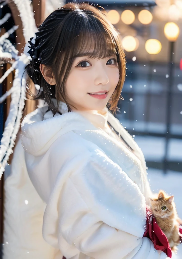 歯をみせるsmile、Blue Eyes、Holding a kitten、Photo from the waist up、Night city illumination shot、Cowgirl Shot、Fur coat、豪華なグレーのミンクのFur coat、Wear fine leather boots、Luxury Bags、Inner turtleneck、Silver necklace and small silver earrings Millionaire style:1.4））、Full body photo、smile、 Caustics、Highly detailed photos、Very beautiful woman 、Ample breasts、No makeup、(8K、RAW Photos、Highest quality、masterpiece:1.2)、(Realistic、Realistic)、1 Girl、((Medium Short Hair、Midwinter、Cold region Snow falling、The wind is blowing、Fluttering Hair、Blur the background、Colorful illuminations、Looking into the camera:1.4))、
