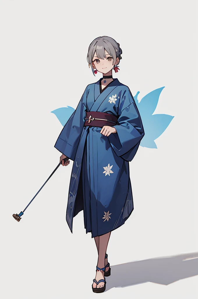 Blue Yukata、Gray Hair、Mischievous face、Choker on neck、Big earrings、Arms crossed、Only the mouth is smiling、Straw sandals、Choker on right leg、Shoulders are out(whole body、Are standing、、White background)