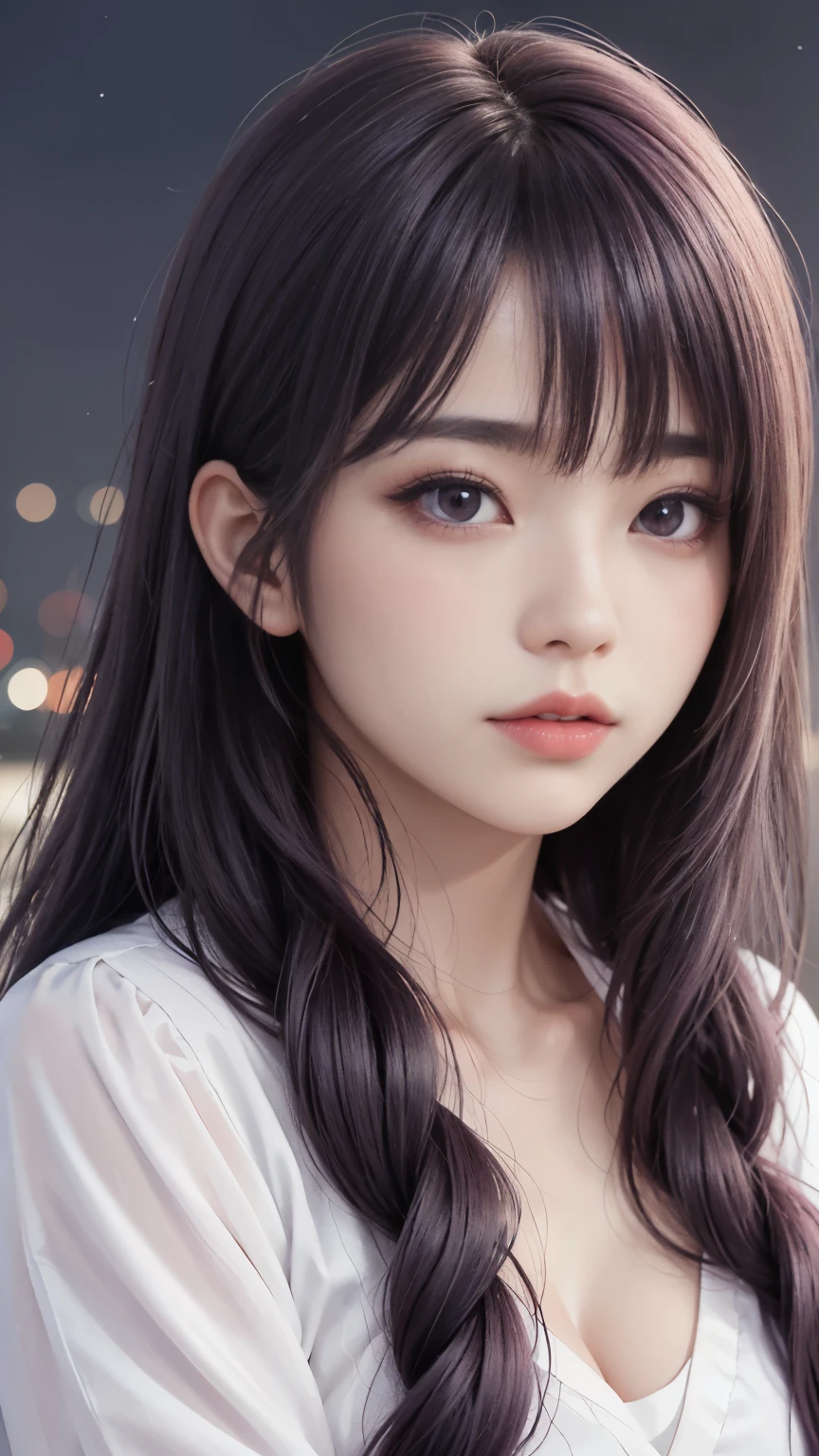 background（Black Night Sky，Big Moon），Woman close up，Wearing a white shirt、Purple Hair，Very long hair，very thick braids，Purple eyes，big ， realistic girl rendering, 8k artistic german bokeh, Enchanting girl, Realistic girl, Gurwitz, Gurwitz-style artwork, Girl Roleplay, Realistic 3D style, cgstation Popular Topics,, 8K Portrait Rendering,（Faithfulness，Faithfulness：1.4），Wear pink pajamas，巨big ，Sparkling eyes，Purple eyes