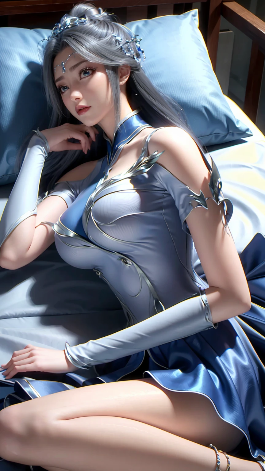 一个女孩Lying in bed，Dressed in suspender pajamas，Face up，Raise your legs slightly，Front view super detailed beautiful big breasted girl . Ultra HD, 4K, 8K, Movie，whole body，Lying down，Long legs，Very big breasts，whole body捕捉，（（（Lying in bed））），（（（whole bodyLying in bed））），big bed，Off-shoulder，Shoulder-length skirt，Lying in bed，Sleeping on the pillow，Lying down，Headrest pillows，（（（平Lying in bed））），whole body平Lying in bed