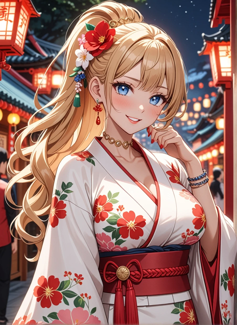 ((one girl)), Cute face,Beautiful Face, (Laugh shyly), ((laugh:1.3)), ((Wink:1.6)), (Laugh with your mouth wide open),(Tilt your head:1.3), (Upper teeth), View your viewers, ((Bright red cheeks:1.6)),Glossy Red Lips, ((Big Breasts:1.4)) night, Shrine festival stalls, (Brighten your face), ((Anime style background)),masterpiece, Highest quality, so beautiful,Latest, Complex details, (Pink long nails), (nail art), (ring),(bracelet), (ring helix piercing:1.7), (Floral Choker),AI-generated, Complex,High resolution, Highest quality, super high quality,3D Images、3D Images,One person,Blonde long hair,(High Ponytail), (Wavy Hair), Anime woman posing for a photo, ((Fine grain、blue eyes、Shining Eyes:1.4)), (Squint your eyes:1.1),a hyperRealistic , hyperRealistic , Realistic,Long blonde anime woman, Smooth anime CG art, Pink large floral patternの刺繍が入った、Woman in luxurious kimono, ((White long-sleeved kimono)),(Pink large floral pattern) ,Long flower hair ornament,Floral Earrings,Mature Body, expensive,Abdominal muscles,Tight waist,((Zoom in on face:1.8)), (front view),