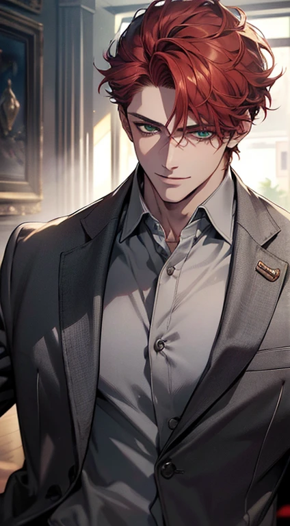 (best quality, masterpiece, 8K, photorealistic, cinematic lighting, hdr image, ultra detailed, beautiful image), a mature man, very handsome, smile, short grey red hair, green eyes, perfect face without errors, ((buttoning the jacket, CEO))
