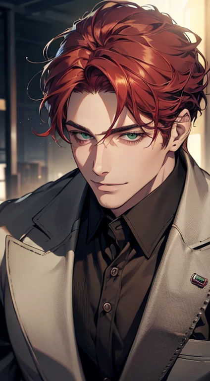 (best quality, masterpiece, 8K, photorealistic, cinematic lighting, hdr image, ultra detailed, beautiful image), a mature man, very handsome, smile, short grey red hair, green eyes, perfect face without errors, ((buttoning the jacket, CEO))