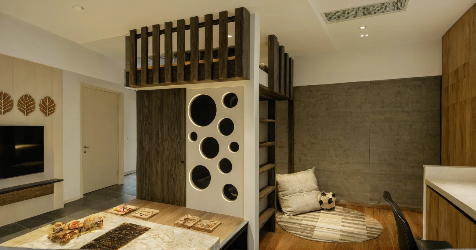 Raw photo, Masterpiece, high quality, best quality, authentic, super detail, interior, indoors,  style modern, minimalist line, wooden, oak wood, led light, beige paint wall, sofa, atrium, LIVING ROOM, PEN HOUSE, kitchen, island kitchen, alu window, japan style, wasabi style, Jen style, steel stair, glass railing, penhouse