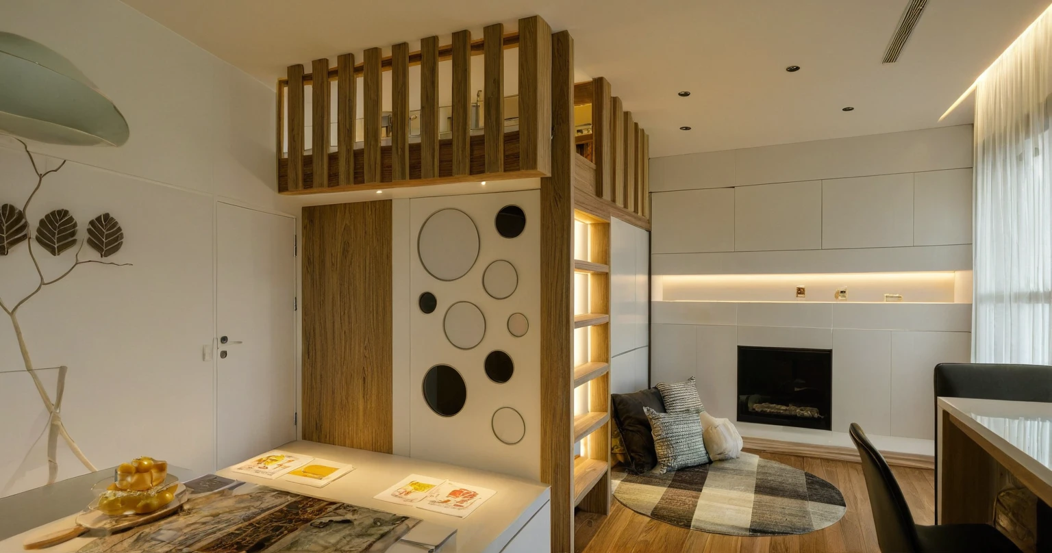 Raw photo, Masterpiece, high quality, best quality, authentic, super detail, interior, indoors, style modern, minimalist line, wooden, oak wood, led light, beige paint wall, sofa, atrium, LIVING ROOM, PEN HOUSE, kitchen, island kitchen, alu window, japan style, wasabi style, Jen style, steel stair, glass railing, penhouse