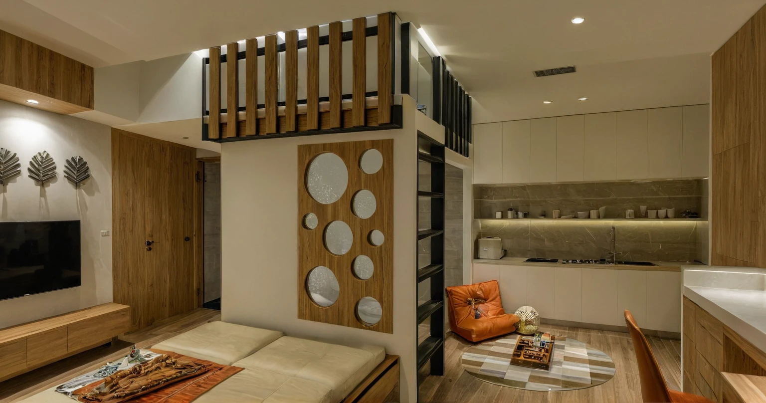 Raw photo, Masterpiece, high quality, best quality, authentic, super detail, interior, indoors, style modern, minimalist line, wooden, oak wood, led light, beige paint wall, sofa, atrium, LIVING ROOM, PEN HOUSE, kitchen, island kitchen, alu window, japan style, wasabi style, Jen style, steel stair, glass railing, penhouse