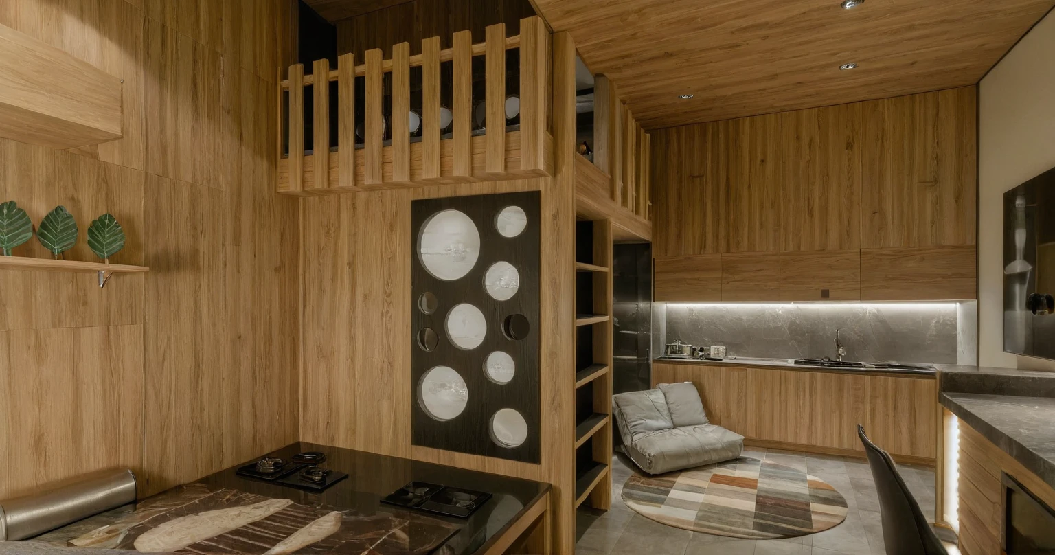 Raw photo, Masterpiece, high quality, best quality, authentic, super detail, interior, indoors, style modern, minimalist line, wooden, oak wood, led light, beige paint wall, sofa, atrium, LIVING ROOM, PEN HOUSE, kitchen, island kitchen, alu window, japan style, wasabi style, Jen style, steel stair, glass railing, penhouse