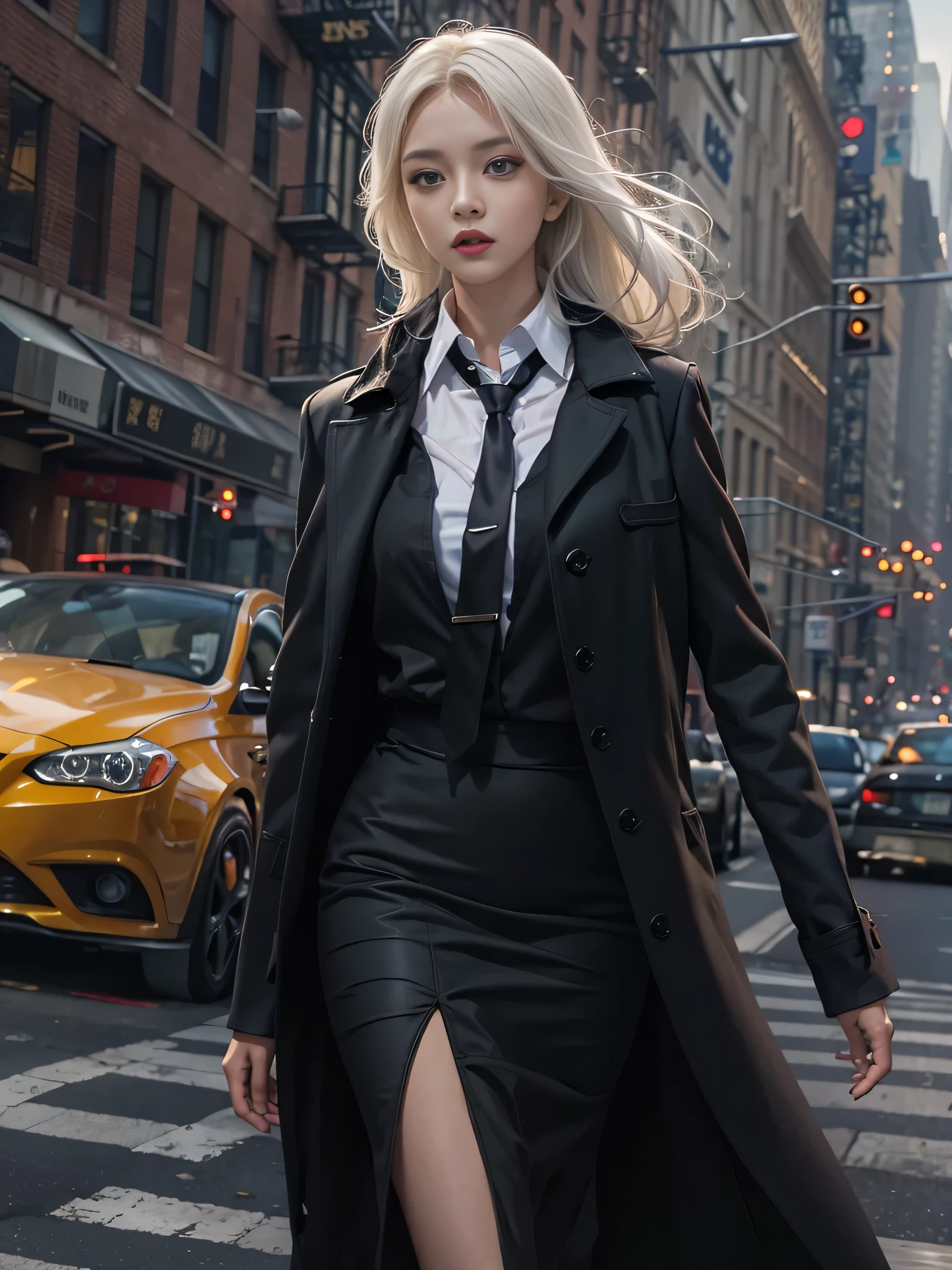 (Woman walking through the streets of New York),Photorealistic, High resolution, 1 Women, solo, hips up high, Beautiful eyes, Close lips, Detailed face, White hair, Long hair, Collared shirt, black necktie,Black skirt, pencil skirts, (Long coat) ,coat, Black stockings
