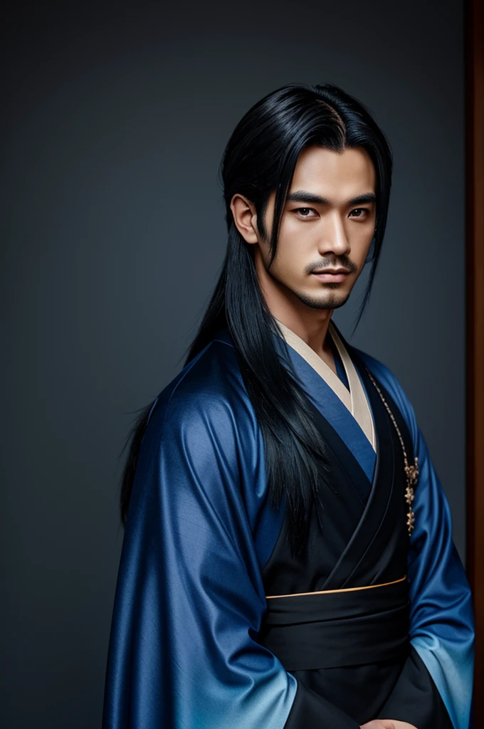 male character, dark long hair with dark eyes with a hint of blue. Wearing a kimono along with a black and blue gradient color haori