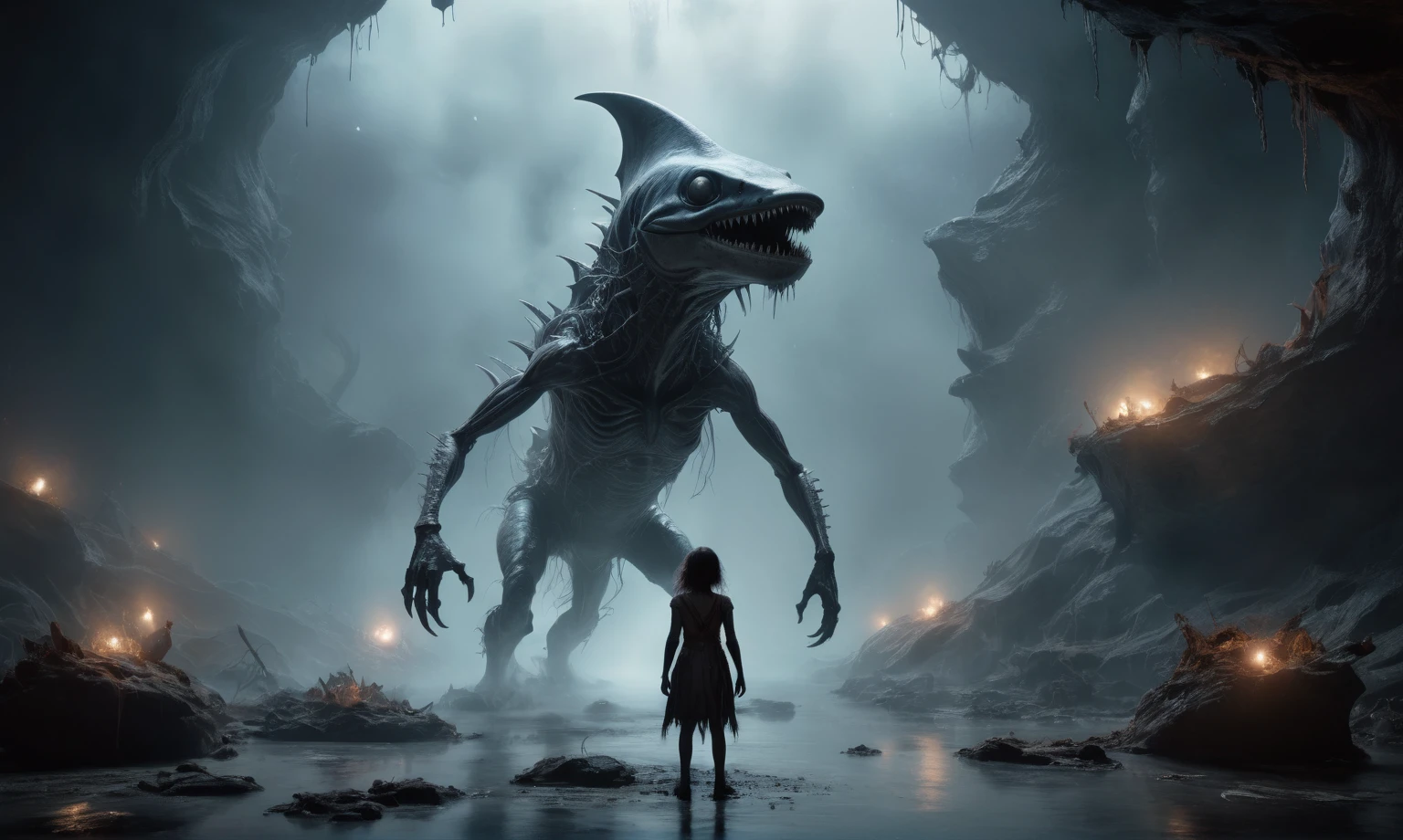 full body length,niobium goblin,native africa xenomorph,once pretty face,eyebrow up,full body shot,ominous landscape,niobium gray atmosphere,photo,photorealism,Masterpiece,natural skin textures, hyper realism,hyper detailed,High contrast,Realism,Ultra Detailed,irina yermolova,close full body shot,32K resolution,Nikon Z9, ,demonic, dust, smoke, audience, mist, featuring ultra-realistic and hyper-realistic elements,
Marta Bevacqua, Ellen Jewett, Kawacy, Katsuya Terada, Carne Griffiths, explosive lightning, concert lighting, bokeh, luminal space that feels
both bright and surreal. Includes liquid fluid elements for added depth and movement. Rendered in an unreal
engine and post-processed to achieve . Evokes a sense of dreamy, ethereal,ancient rock paintings of the first people,of sharkfish's leather
and mystical mood,horror pixar movie still,thriller disney movie ,pixar render, animated ,suicide