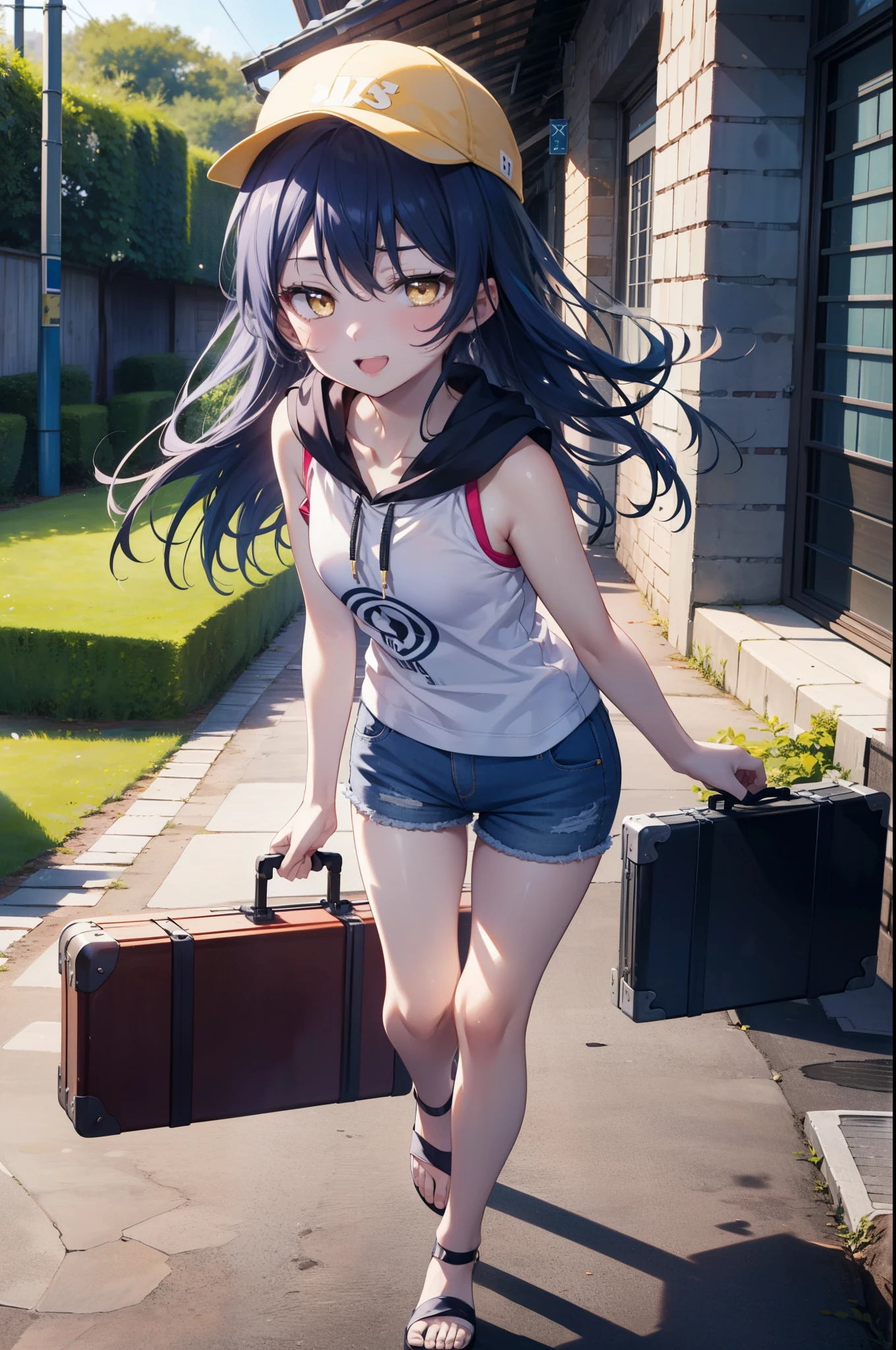  Umi Sonoda, Long Hair, Blue Hair, (Yellow Eyes:1.5) (Flat Chest:1.2),happy smile, smile, Open your mouth,Baseball hats,Sleeveless blue hoodie,Open front,White Tank Top,Shorts,Sandals,Push-type suitcase,Walking,Daytime,Clear skies,True Summer,whole bodyがイラストに入るように,
break looking at viewer,whole body,
break indoors, countryside,In town,
break (masterpiece:1.2), Highest quality, High resolution, unity 8k wallpaper, (figure:0.8), (Beautiful attention to detail:1.6), Highly detailed face, Perfect lighting, Highly detailed CG, (Perfect hands, Perfect Anatomy),