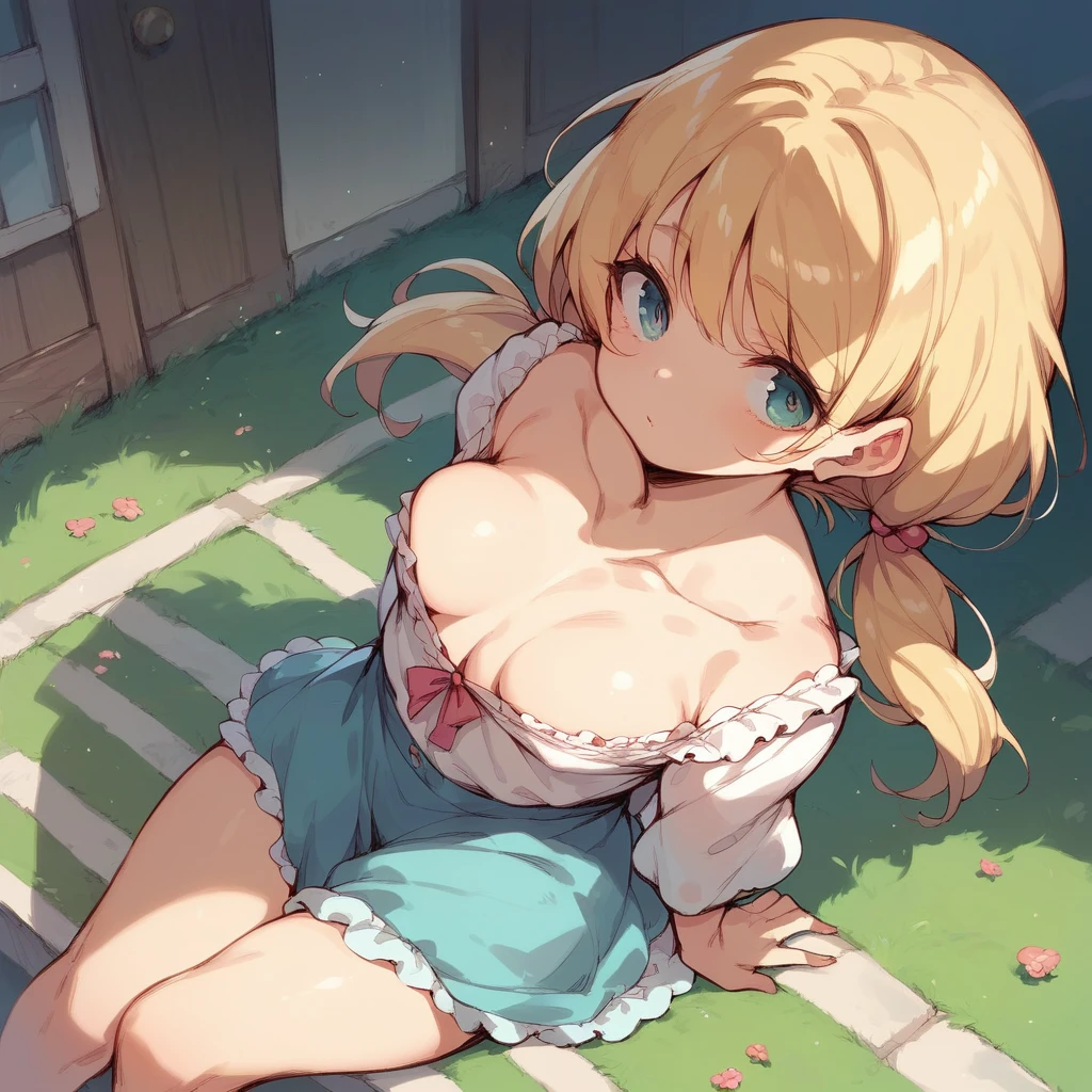 (Crossdresser),blonde low twintails,Her breasts are visible through the gaps in her clothes,Top view