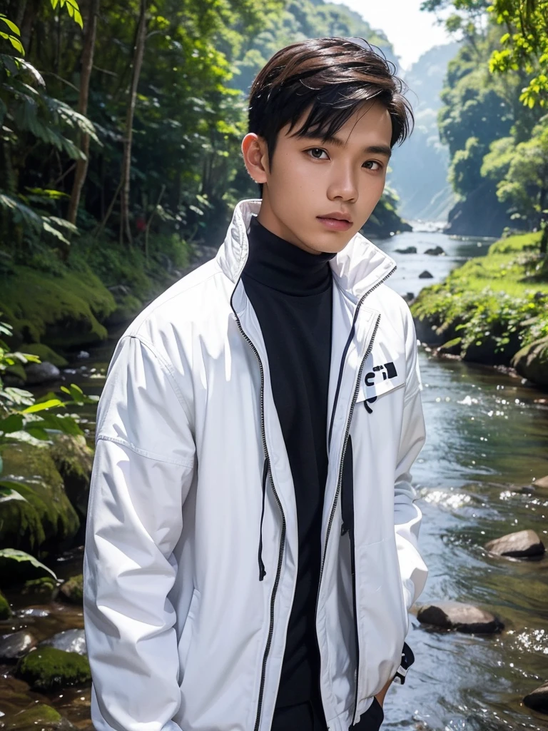 a Indonesian young man . Age around 20 years. There is only one person in the photo. wearing a white jacket. The whole body is depicted facing forward. The background is a river in the forest.