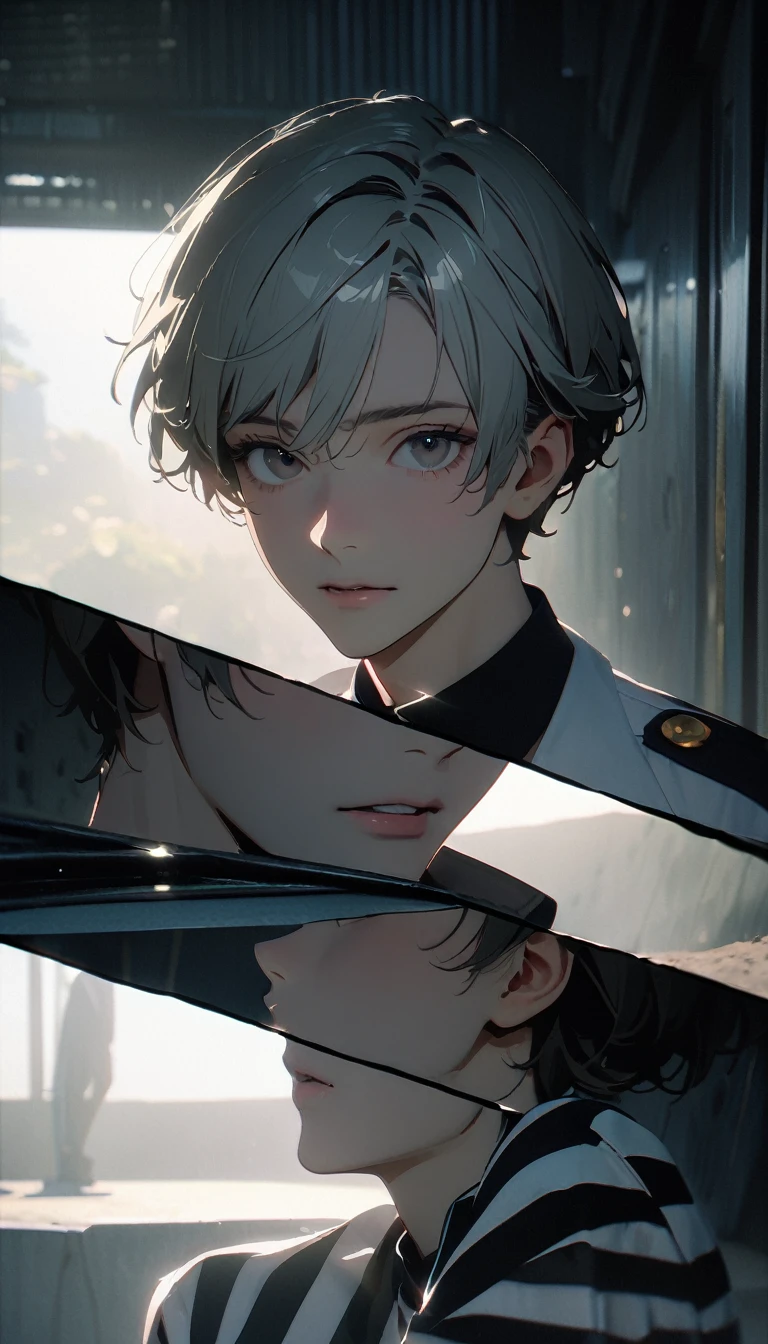 (8K, RAW photos, best quality, masterpiece: 1.4), (((The boy breathed a sigh of relief))),Ultra-high resolution, Extremely detailed, Dim Lights, Upper body close-up, handsome boy, black eyes, (delicate eyes, Eyes are bright:1.2), Gray short hair, Fair skin,dark, Black and white striped prison uniform,Black and white striped prison pants,(perfect ???????:1.2), High-quality shadows, Natural Lighting, (White highlights:1.2), night, cloudy day, (Dimly lit cells:1.2), (Metal walls all around:1.2)