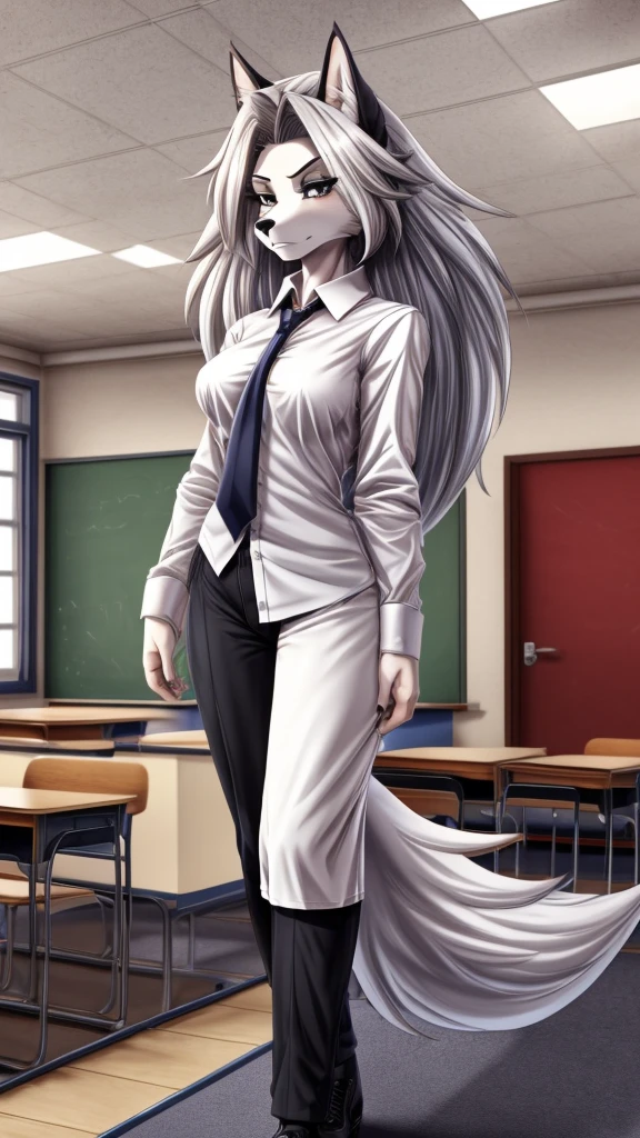 Loona from Helluva Boss, female wolf, anthro, fluffy cozy white hair, grey eyes, mature adult, white shirt with tie, black pants, black shoes, serious, jnside a room, school, detailed, solo, beautiful, high quality, manhwa style, 4K