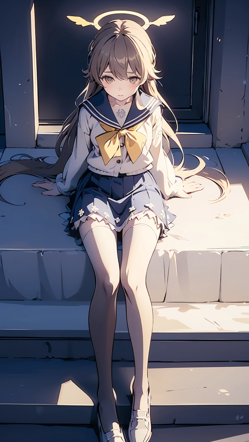 ((masterpiece,best quality)), (illustration), 1****, solo, hifumi (blue archive), halo, black pantyhose,light brown long hair, school uniform, yellow eyes, sailor collar, pleated blue skirt, white cardigan, long sleeves, blush, frilled skirt
