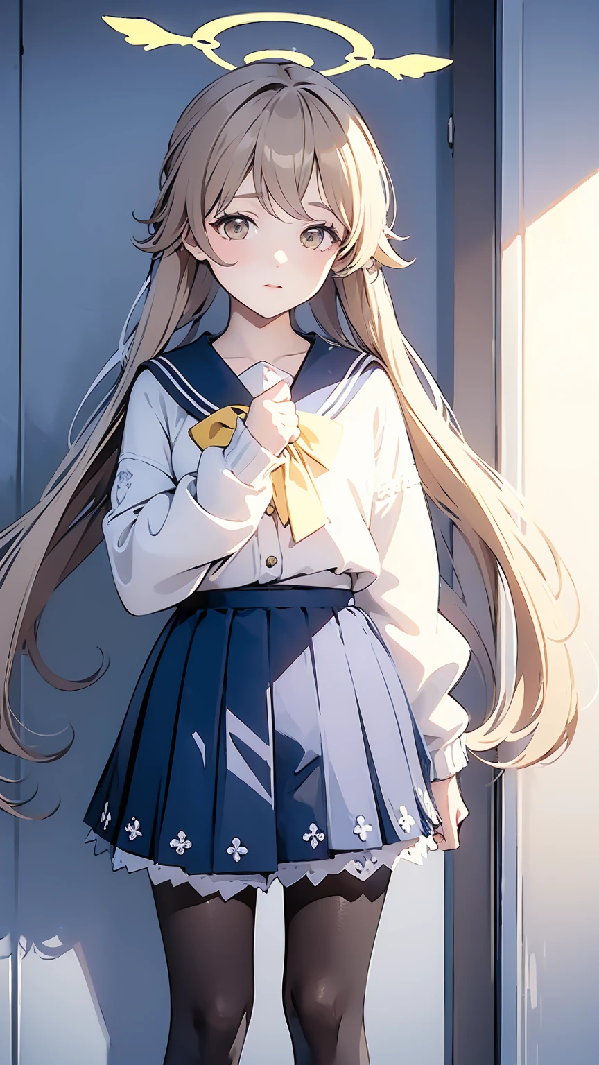 ((masterpiece,best quality)), (illustration), 1loli, solo, hifumi (blue archive), halo, black pantyhose,light brown long hair, school uniform, yellow eyes, sailor collar, pleated blue skirt, white cardigan, long sleeves, blush, frilled skirt
