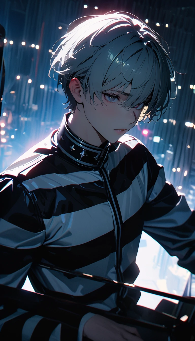(8K, RAW photos, best quality, masterpiece: 1.4), (((The boy breathed a sigh of relief)))，Ultra-high resolution, Extremely detailed, Dim Lights, Upper body close-up, handsome boy, black eyes, (delicate eyes, Eyes are bright:1.2), Gray short hair, Fair skin,dark, Black and white striped prison uniform,Black and white striped prison pants,(perfect anatomy:1.2), High-quality shadows, Natural Lighting, (White highlights:1.2), night, cloudy day, (Dimly lit cells:1.2), (Metal walls all around:1.2)