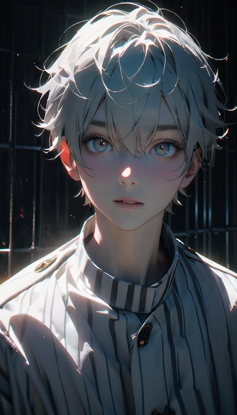 (8K, RAW photos, best quality, masterpiece: 1.4), (((Boy looking at his palm))),Ultra-high resolution, Extremely detailed, light, Upper body close-up, handsome boy, black eyes, (delicate eyes, Eyes are bright:1.2), Gray short hair, Fair skin,dark, Black and white striped prison uniform,Black and white striped prison pants,(perfect anatomy:1.2), High-quality shadows, Natural Lighting, (White highlights:1.2), night, cloudy day, (Dark room:1.2), (The prison is surrounded by steel walls.:1.2)