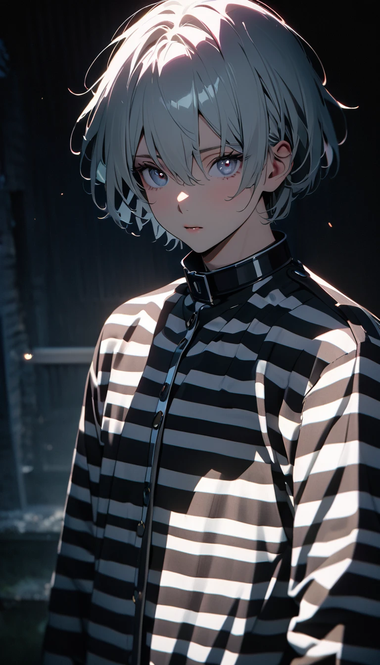 (8K, RAW photos, best quality, masterpiece: 1.4), (((The boy breathed a sigh of relief)))，Ultra-high resolution, Extremely detailed, Dim Lights, Upper body close-up, handsome boy, black eyes, (delicate eyes, Eyes are bright:1.2), Gray short hair, Fair skin,dark, Black and white striped prison uniform,Black and white striped prison pants,(perfect anatomy:1.2), High-quality shadows, Natural Lighting, (White highlights:1.2), night, cloudy day, (Dimly lit cells:1.2), (Metal walls all around:1.2)