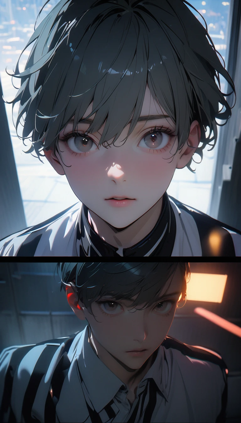 (8K, RAW photos, best quality, masterpiece: 1.4), (((The boy breathed a sigh of relief)))，Ultra-high resolution, Extremely detailed, Dim Lights, Upper body close-up, handsome boy, black eyes, (delicate eyes, Eyes are bright:1.2), Gray short hair, Fair skin,dark, Black and white striped prison uniform,Black and white striped prison pants,(perfect anatomy:1.2), High-quality shadows, Natural Lighting, (White highlights:1.2), night, cloudy day, (Dimly lit cells:1.2), (Metal walls all around:1.2)