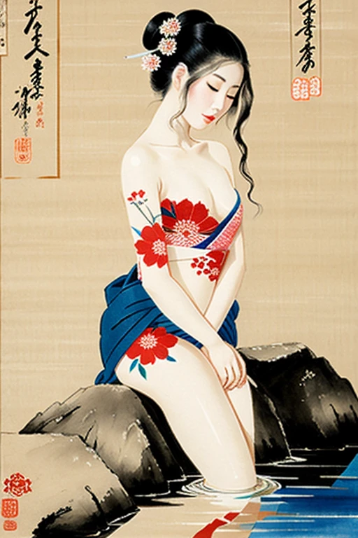 Geisha Sensual Beautiful Japanese Flowers Water Japanese Painting Drawing