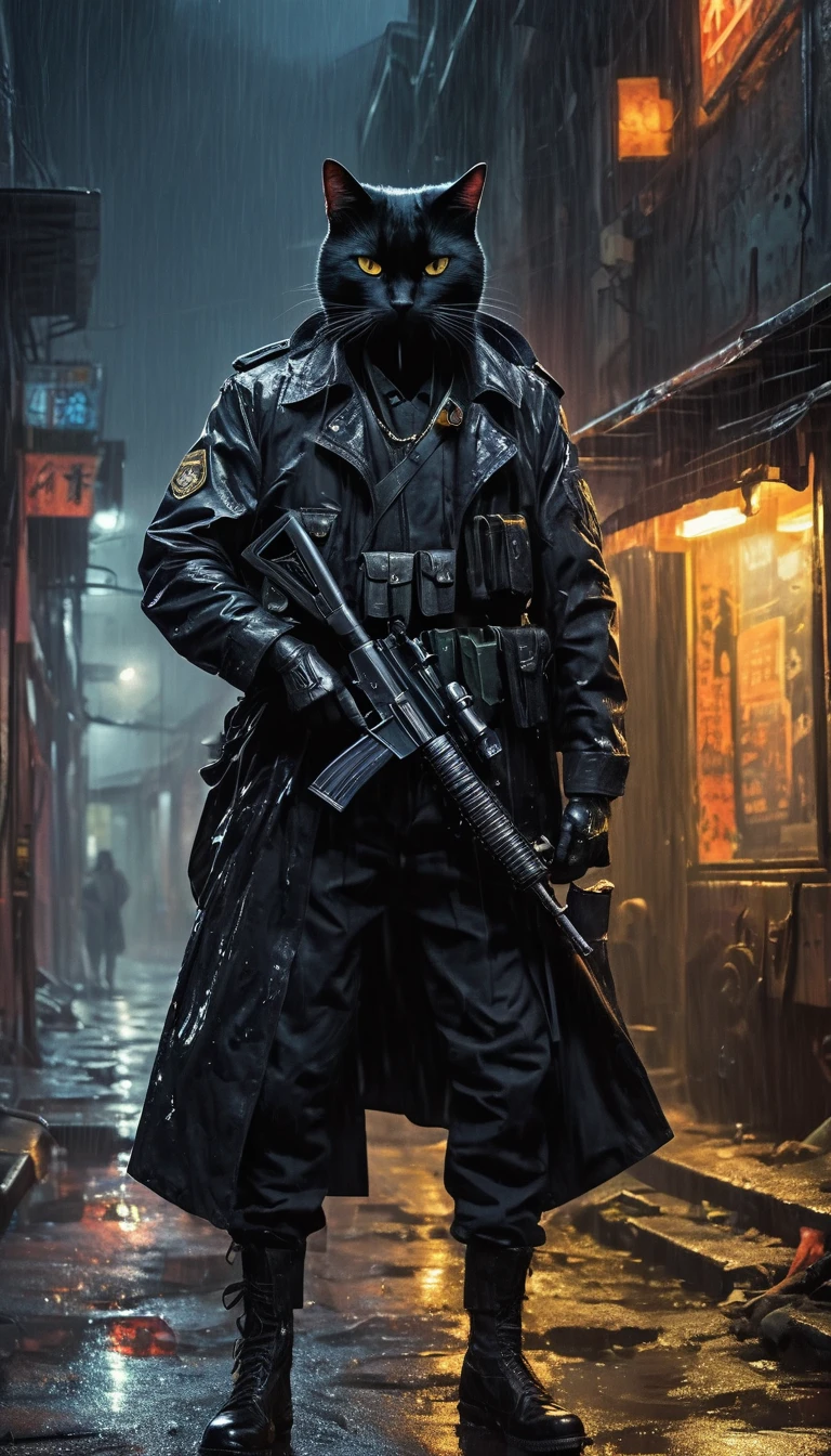 A man in military uniform、Armed with a machine gun、Noir style depiction of a black cat with a demonic face, Patrolling the abandoned alleys, The lighting accentuates the rain-soaked environment and neon-lit atmosphere, Wrapped in abstract black oil patterns, Equipped with complex gear mecha, Dramatic chiaroscuro, Realistic oil painting essence, Reminiscent of Raphael&#39;s work, Caravaggio, Greg Rutkowski, beeping sounds, Beksinski, and Giger, Ultra-fine details.Rendering in Unreal Engine, Ultra-realistic details. Surrealism. Dramatic lighting
