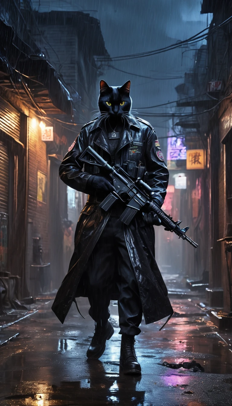 A man in military uniform、Armed with a machine gun、Noir style depiction of a black cat with a demonic face, Patrolling the abandoned alleys, The lighting accentuates the rain-soaked environment and neon-lit atmosphere, Wrapped in abstract black oil patterns, Equipped with complex gear mecha, Dramatic chiaroscuro, Realistic oil painting essence, Reminiscent of Raphael&#39;s work, Caravaggio, Greg Rutkowski, beeping sounds, Beksinski, and Giger, Ultra-fine details.Rendering in Unreal Engine, Ultra-realistic details. Surrealism. Dramatic lighting
