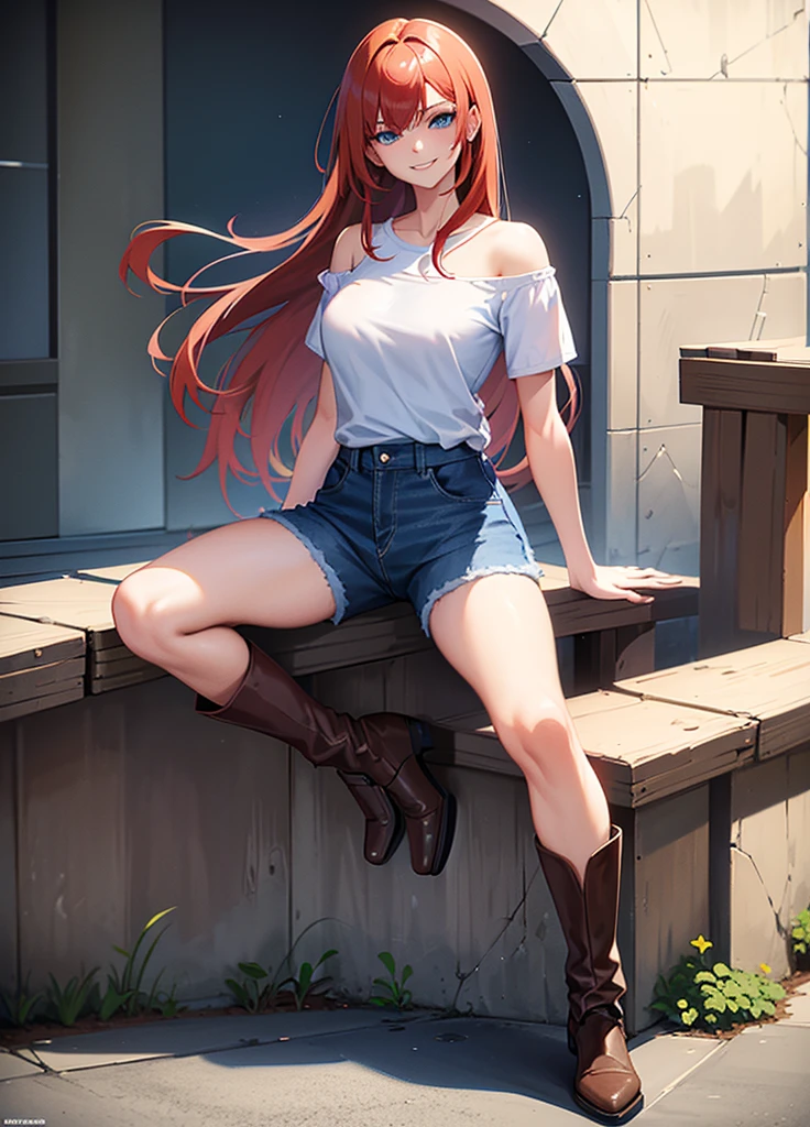 18 year old young girl, long haired redhead with blue eyes, Short white off-the-shoulder shirt, bright blue short jean shorts, serious look, SMILE, smiling, short brown boots with white