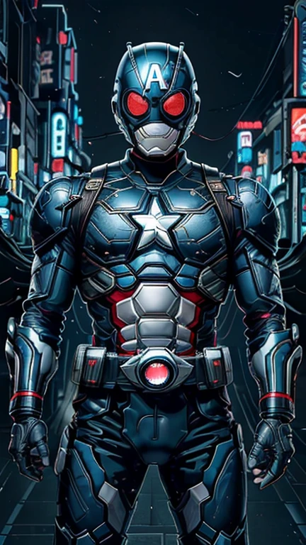 (8k),(masterpiece),(Japanese),(8-year-old boy),((innocent look)),((Childish)),From the front,smile,cute,Innocent,Kind eyes,Flat chest, blue helmet, blue domino mask, Captain America,Bald,No Hair, Henshin Pose,night,dark, Neon light cyberpunk city,Kamen rider,camisa