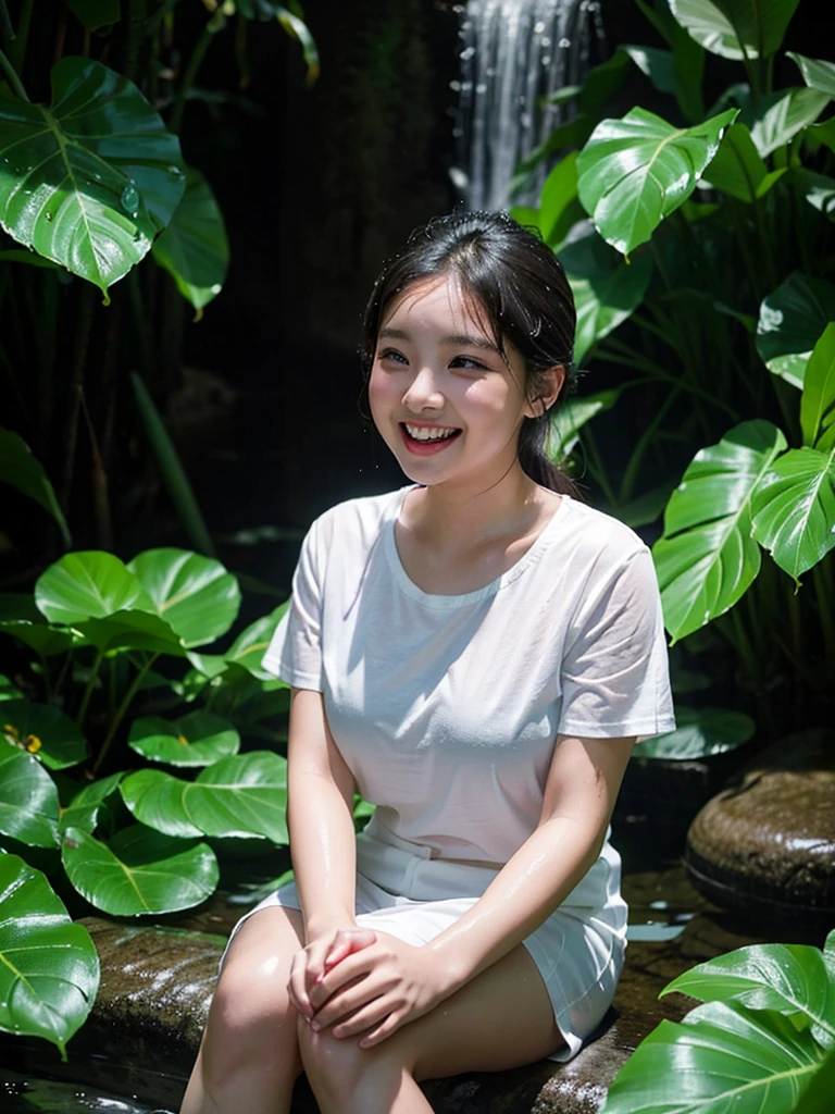 a joyfull chinese young chubby girl laughing while sitting under the rain in a lush, tropical setting with flowing water around them, wearing a wet white tshirt. The scene captures a sense of freedom and happiness amid a beautifull natural background.