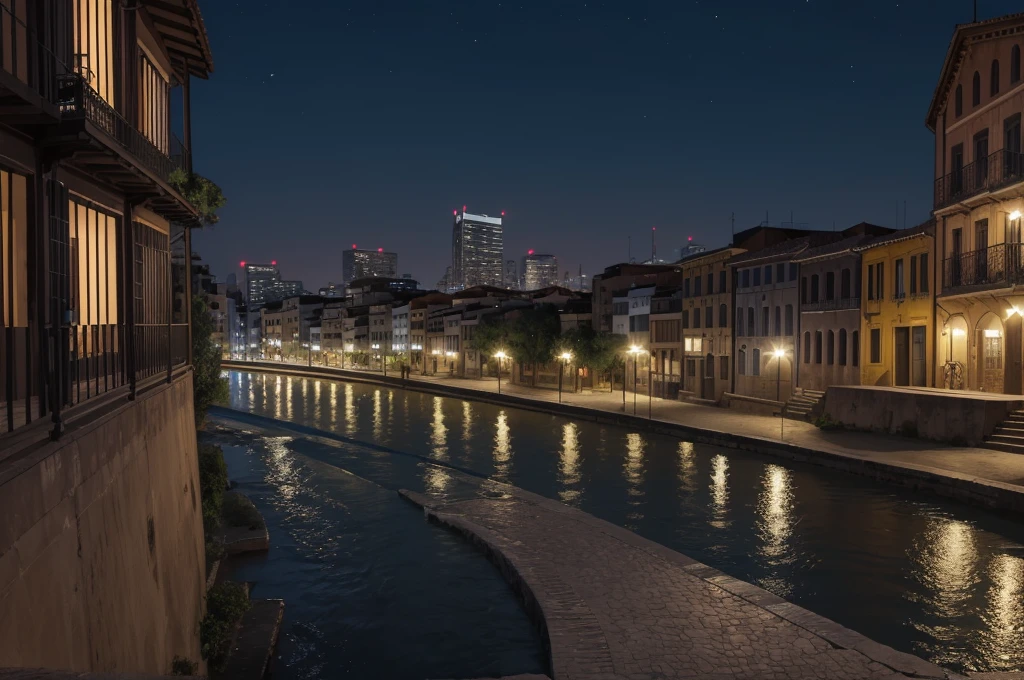 The city is crossed by a wide and winding river, the Rio Sombra, which divides the city into two parts: the historic side, with its colonial buildings and cobblestone streets, and the modern side, with skyscrapers, shopping centers and neighborhoods. contemporary residential. (up view, digital art, dark comics, night time, RPG art)
