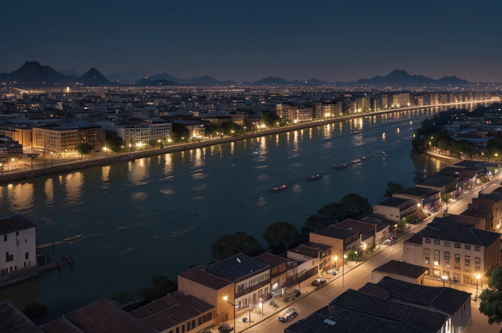 The city is crossed by a wide and winding river, the Rio Sombra, which divides the city into two parts: the historic side, with its colonial buildings and cobblestone streets, and the modern side, with skyscrapers, shopping centers and neighborhoods. contemporary residential. (up view, digital art, dark comics, night time, RPG art)