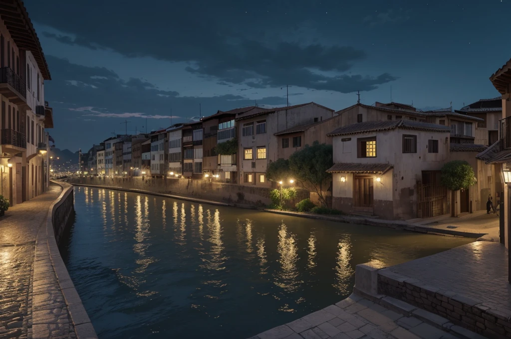 The city is crossed by a wide and winding river, the Rio Sombra, which divides the city into two parts: the historic side, with its colonial buildings and cobblestone streets, and the modern side, with skyscrapers, shopping centers and neighborhoods. contemporary residential. (up view, digital art, dark comics, night time, RPG art)