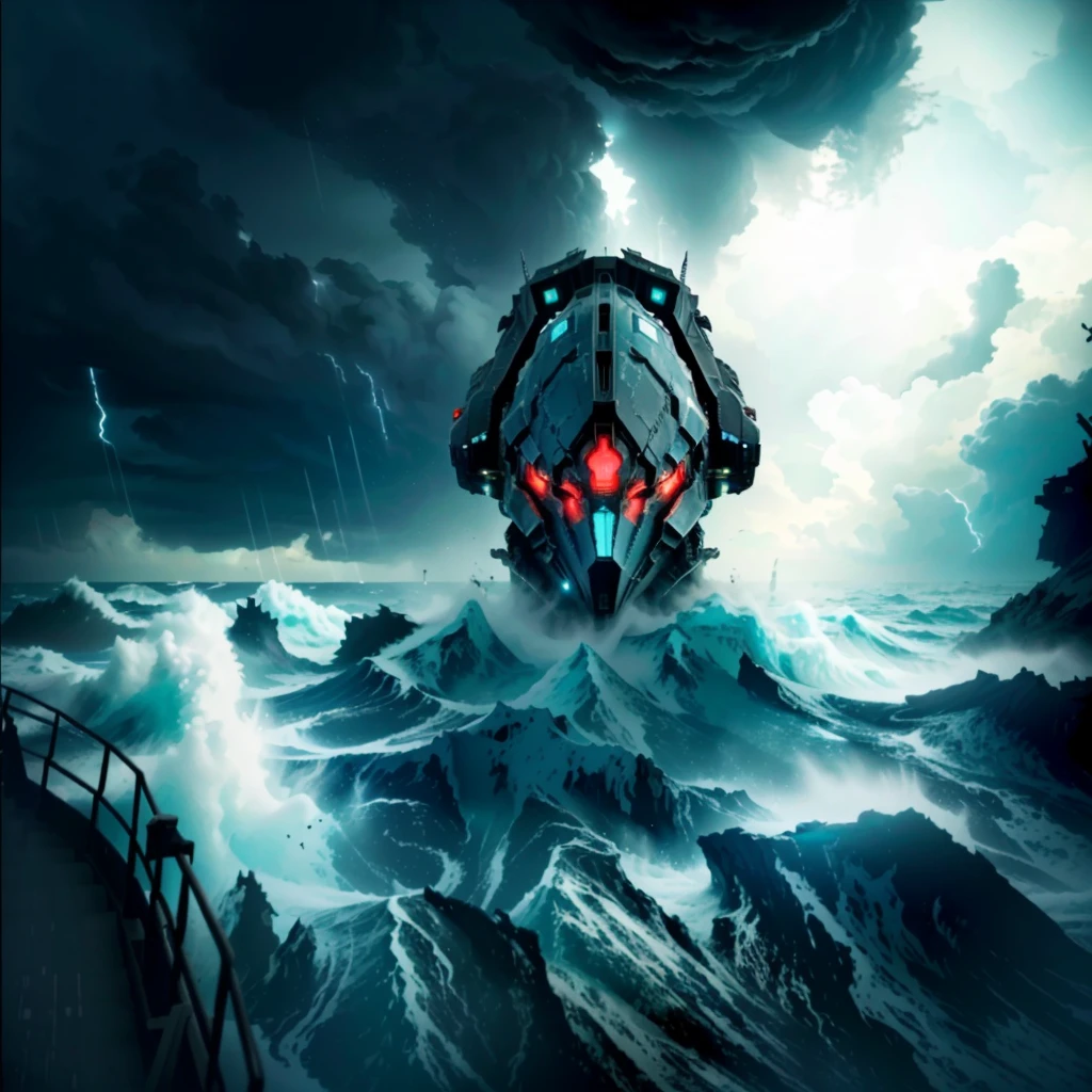 There is a big ship in the middle of a stormy ocean, from the pacific coast, a ship lost in a storm, Fearsome scary spaceship, broken ruin Pacific Rim Jaeger, The spaceship sank, Cherenkov radiation, Pacific Rim Jaeger, arte the fan, conceptual art, Scylla and Charybdis, stylized storm, alien shipwreck