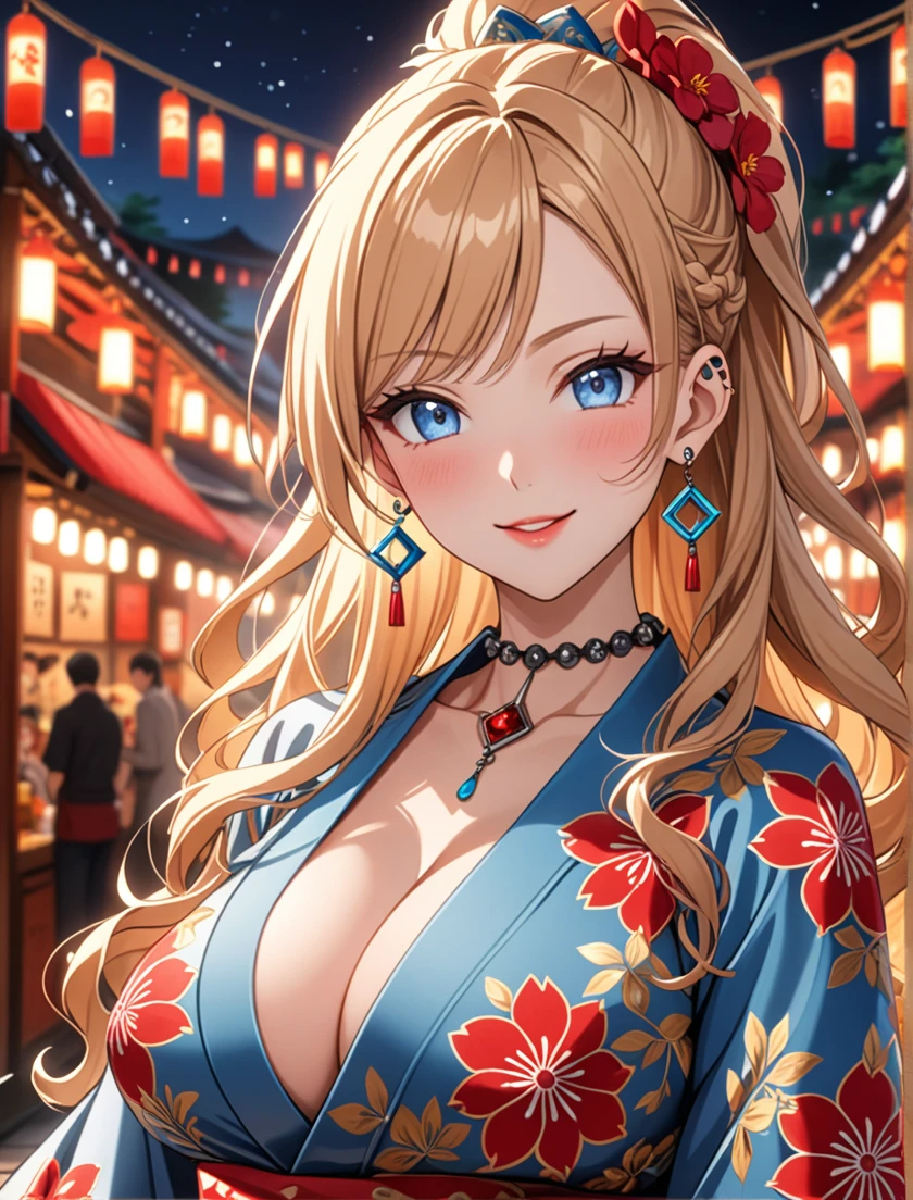 ((one girl)), Pretty face, Beautiful Face, (Laugh shyly), ((laugh:1.3)), ((wink:1.6)), (Laugh with your mouth wide open),(Tilt your head:1.3), (Upper teeth), View your viewers, ((Bright red cheeks:1.6)),Glossy Red Lips, ((Big Breasts:1.4)) night, Shrine festival stalls, (Brighten your face), ((Anime style background)),masterpiece, Highest quality, so beautiful,Latest, complex details, (Pink long nails), (nail art), (ring),(bracelet), (ring helix piercing:1.7), (Floral Choker),AI-generated, complex,High resolution, Highest quality, super high quality,3D Images、3D Images,one person,Blonde long hair,(High Ponytail), (Wavy Hair), Anime woman posing for a photo, ((Fine grain、blue eyes、Shining Eyes:1.4)), (Squint your eyes:1.1),a hyperRealistic , hyperRealistic , Realistic,Long blonde anime woman, Smooth anime CG art, Embroidered with a pink large floral pattern、Woman in luxurious kimono, ((White long-sleeved kimono)),(Pink large floral pattern) ,Long flower hair ornament,Floral Earrings,Mature Body, expensive,Abdominal muscles,Tight waist,((Zoom in on face:1.8)), (front view),