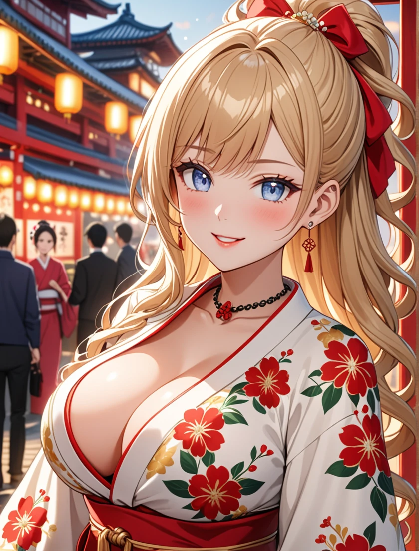 ((one girl)), Pretty face, Beautiful Face, (Laugh shyly), ((laugh:1.3)), ((wink:1.6)), (Laugh with your mouth wide open),(Tilt your head:1.3), (Upper teeth), View your viewers, ((Bright red cheeks:1.6)),Glossy Red Lips, ((Big Breasts:1.4)) night, Shrine festival stalls, (Brighten your face), ((Anime style background)),masterpiece, Highest quality, so beautiful,Latest, complex details, (Pink long nails), (nail art), (ring),(bracelet), (ring helix piercing:1.7), (Floral Choker),AI-generated, complex,High resolution, Highest quality, super high quality,3D Images、3D Images,one person,Blonde long hair,(High Ponytail), (Wavy Hair), Anime woman posing for a photo, ((Fine grain、blue eyes、Shining Eyes:1.4)), (Squint your eyes:1.1),a hyperRealistic , hyperRealistic , Realistic,Long blonde anime woman, Smooth anime CG art, Embroidered with a pink large floral pattern、Woman in luxurious kimono, ((White long-sleeved kimono)),(Pink large floral pattern) ,Long flower hair ornament,Floral Earrings,Mature Body, expensive,Abdominal muscles,Tight waist,((Zoom in on face:1.8)), (front view),