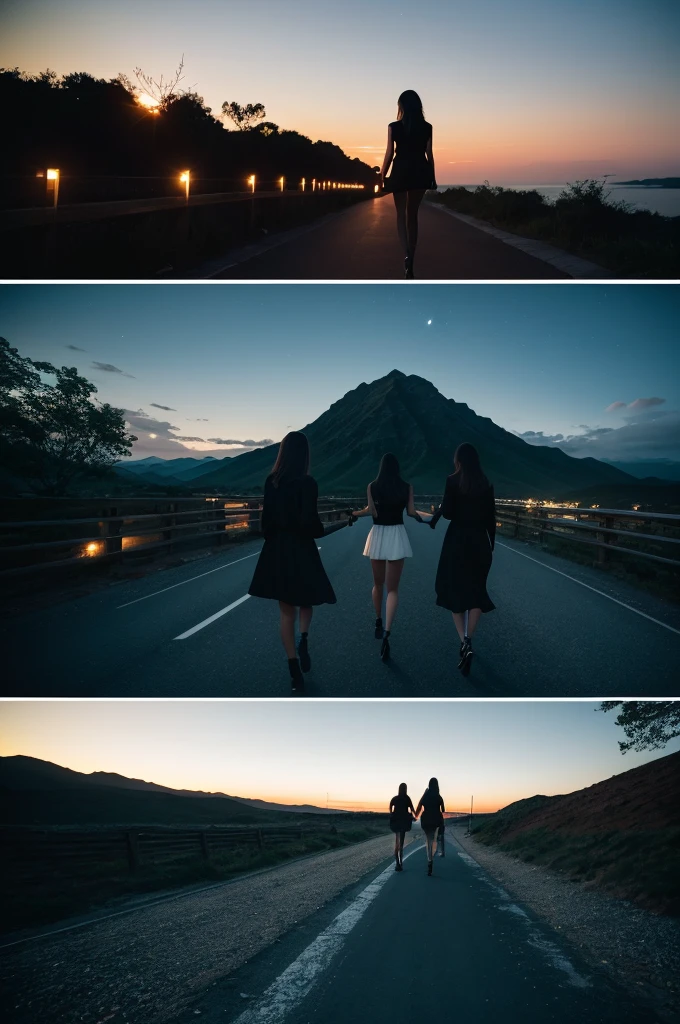 Three pretty, beautiful women in sexy black clothing are walking backwards, disappearing into a beautiful landscape. The scene is melancholic and introspective, with long shots and fade-outs creating a sense of closure. The background is a starry and moonlit cityscape at night.